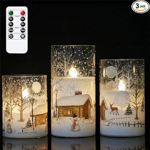 Snowman Glass Flameless Candles Battery Operated with Remote and Timer Real - Picture 7 of 7